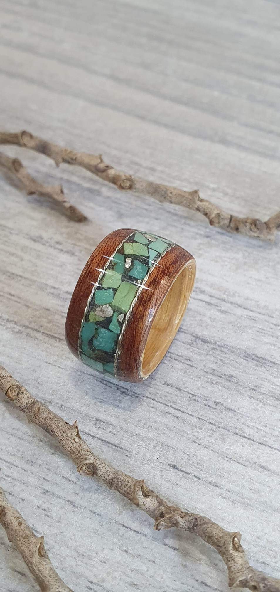 Bentwood Ring with Turquoise, Obsidian & Sterling Silver